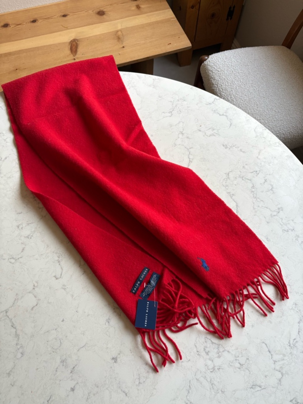 Ralph Lauren Bright Red lambs wool  Fringe Scarf